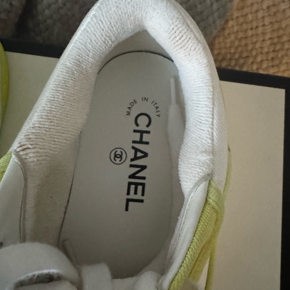 Chanel Fabric Womens Logo Sneakers 37.5 Yellow White - Picture 9 of 12